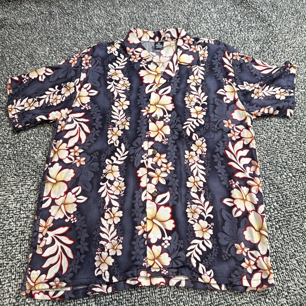 Vintage Hibiscus Collection Hawaii Shirt Boys 14 Fits Men's L Floral Blue